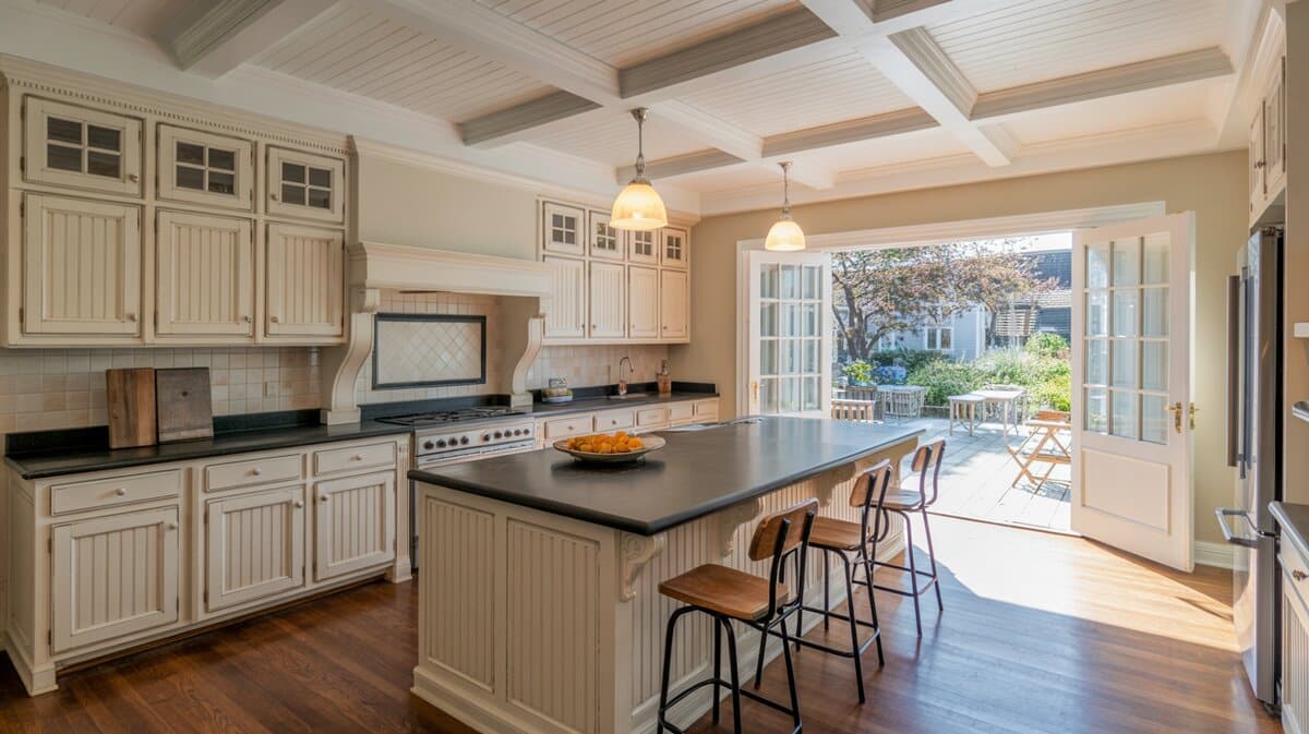 White beadboard kitchen with dark granite island, coffered plank ceiling, and open French doors to garden patio
