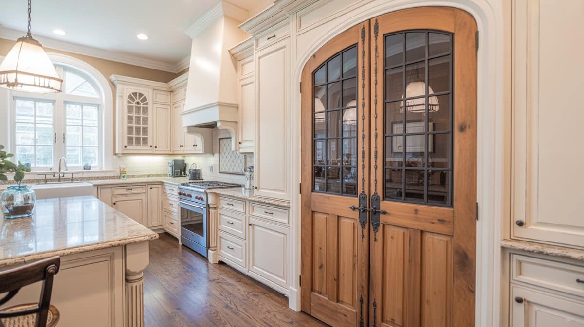 Traditional white kitchen with antique knotty wood pantry door featuring decorative iron grid insets