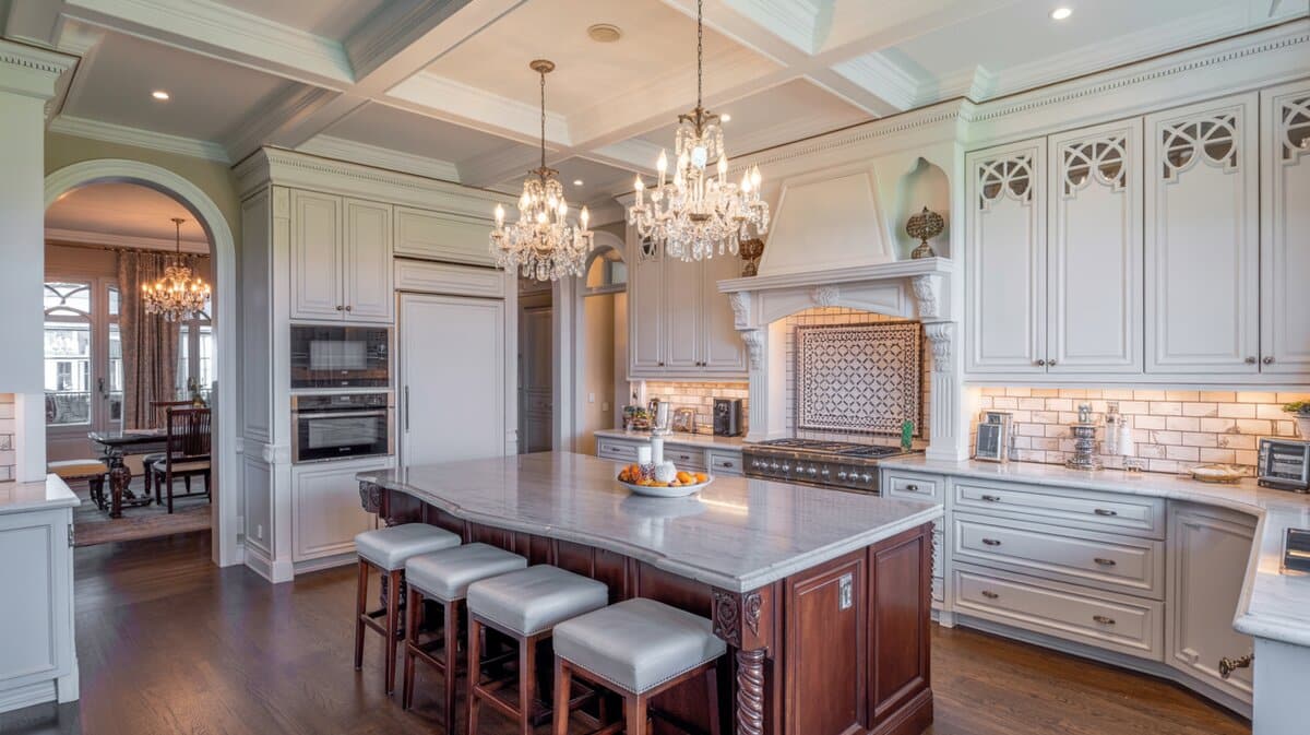 Elegant white kitchen with dark cherry carved island, Moroccan tile backsplash, and twin crystal chandeliers