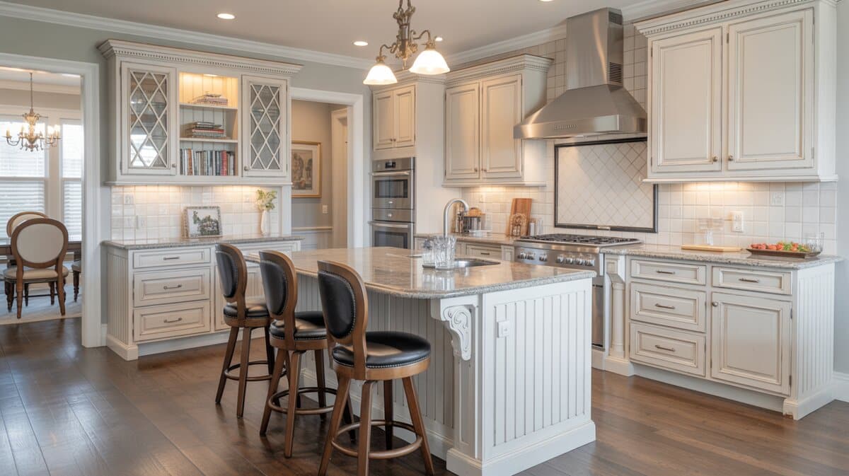 Antique white painted kitchen with diamond tile backsplash, white island, and black leather swivel stools