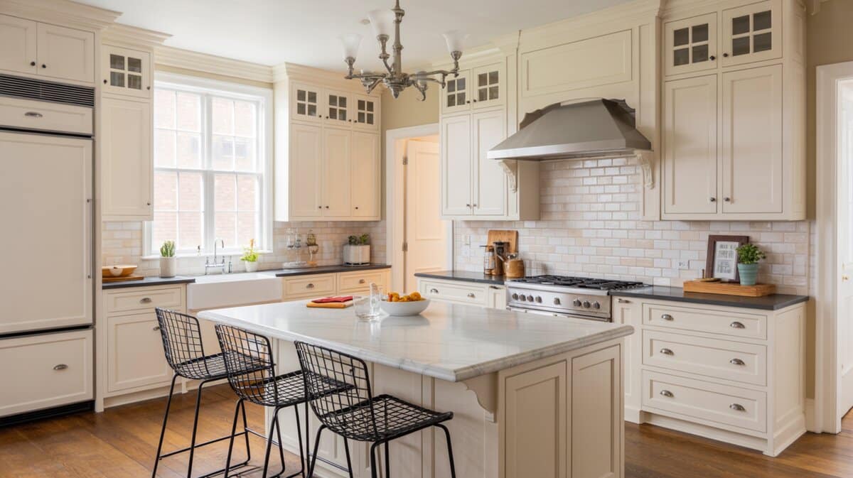 Cream shaker kitchen with marble island, farmhouse sink, white subway tile backsplash, and wire bar stools