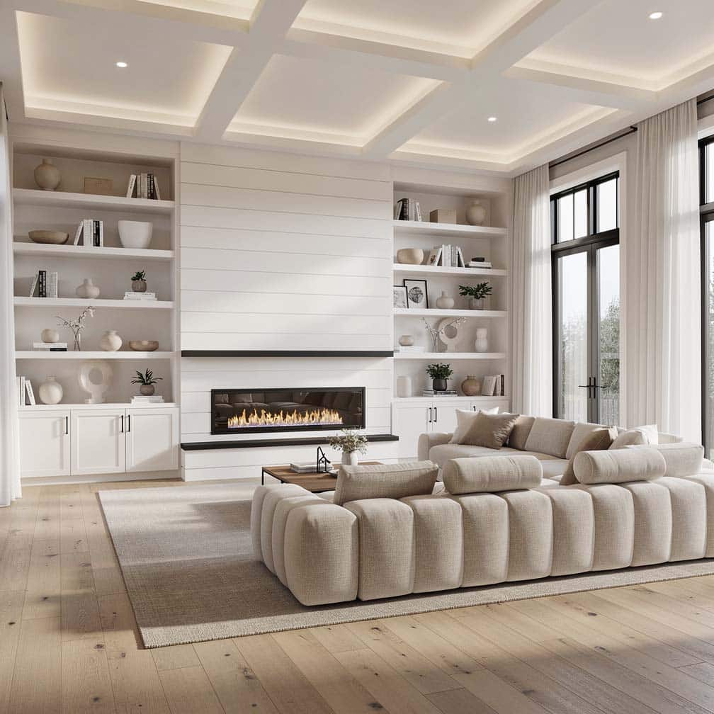Transitional living room with white box beam ceiling and painted shiplap planks beside a fireplace.