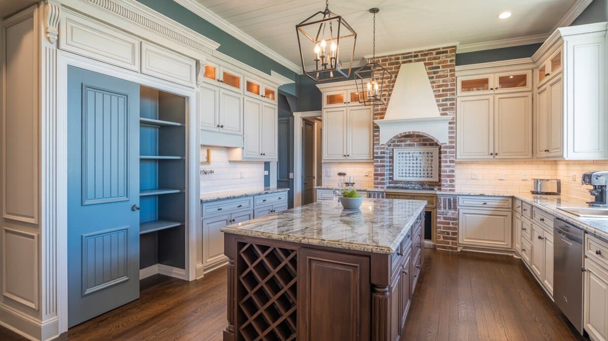 Transitional kitchen with powder blue painted pantry door, dark island and exposed brick arched opening