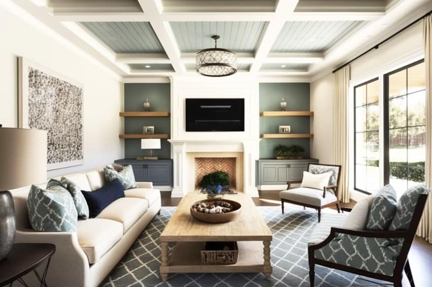 Transitional living room with tray ceiling, painted shiplap, accent wall and herringbone brick fireplace