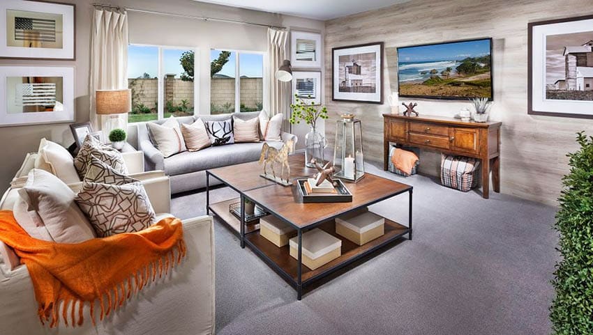 Transitional living room with gray carpet and beige wall paint with wood accent wall