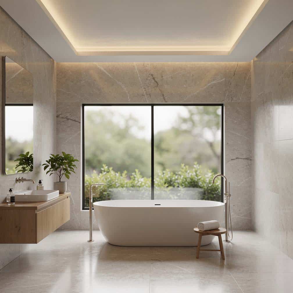 Bathroom ceiling with hidden LED lighting creating the right mood for a spa bathtub.
