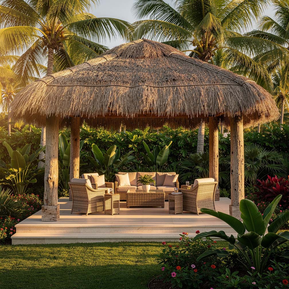 Thatched roof porch with wicker lounge chairs and tropical palm trees