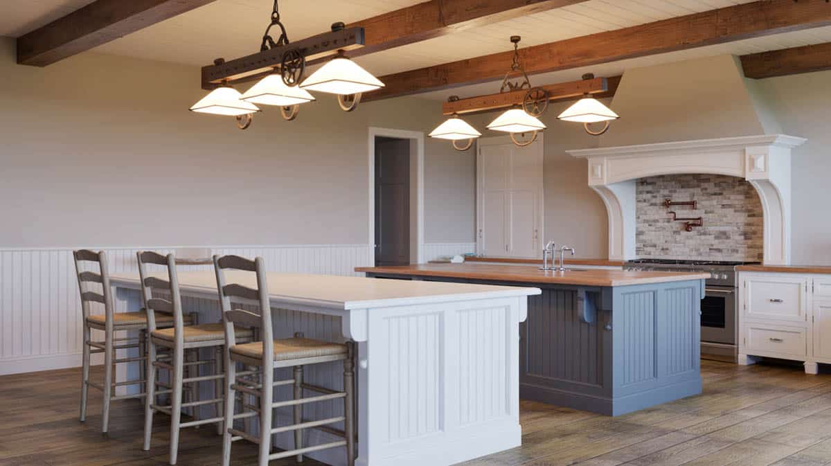 Two-island kitchen with beadboard panels, exposed ceiling beams, and rush-seat ladder barstools