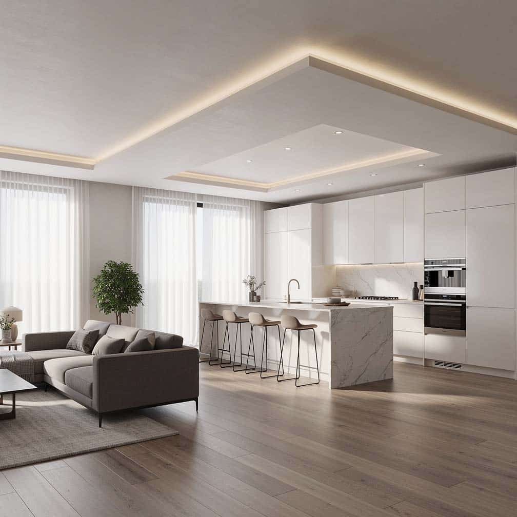 Two-tier style in an open-concept living room and kitchen.