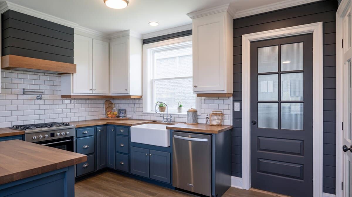 Two-tone navy and white kitchen with dark tinted glass pantry door and shiplap accent wall