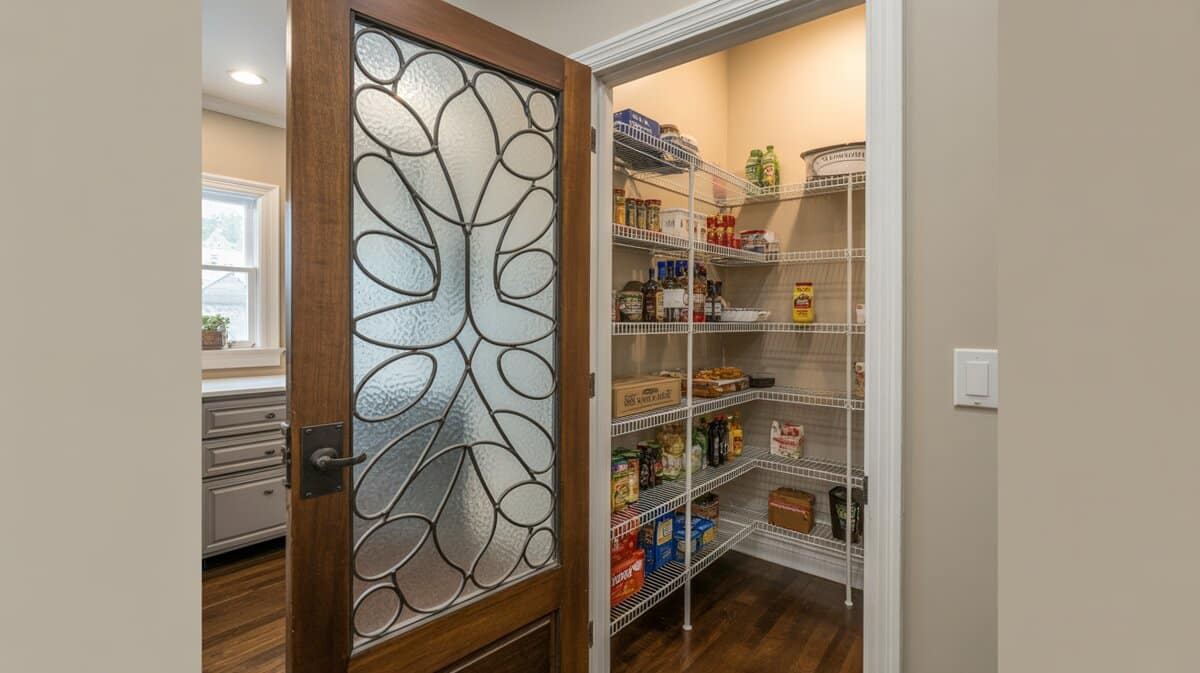 Walk-in pantry with decorative swirling textured glass pantry door