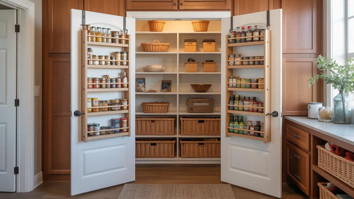 Walk-in pantry double panel doors open showing extensive door-mounted shelving packed with spices and canned goods