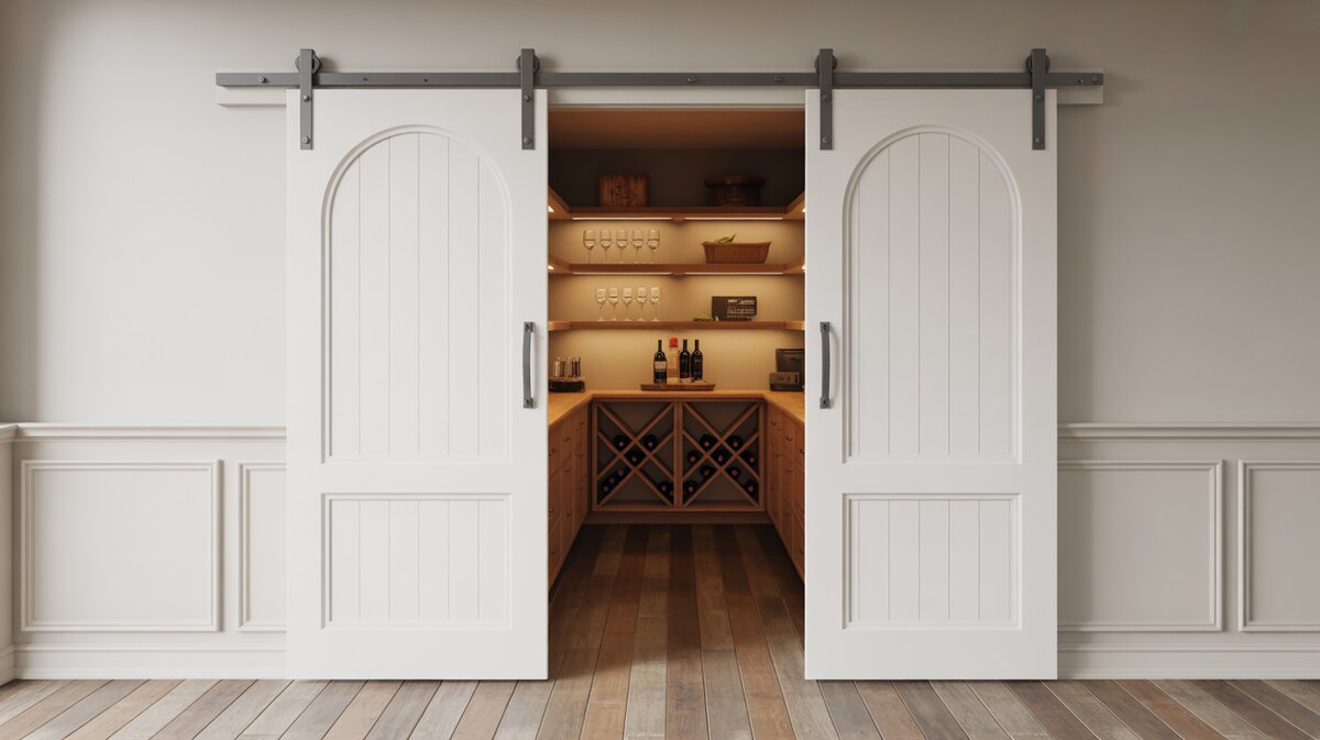 White arched-panel sliding barn door open to reveal a brightly illuminated walk-in pantry interior