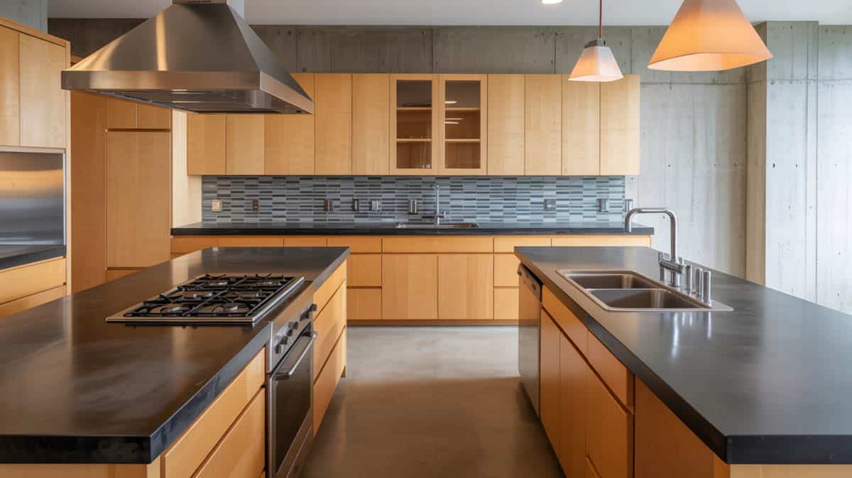 Brown stained concrete countertop in white beadboard farmhouse kitchen with mason jar pendant lights