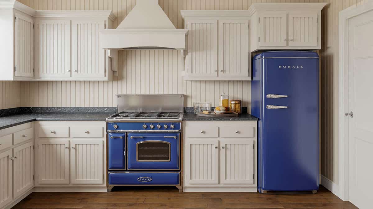 Cobalt blue vintage enamel range beside a matching retro refrigerator with white beadboard cabinet surround