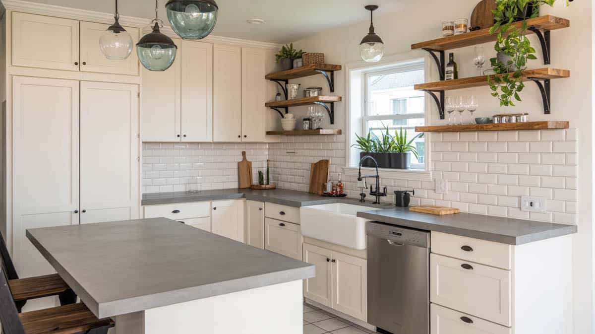 Copper stained concrete countertop with white cabinets and stacked stone backsplash