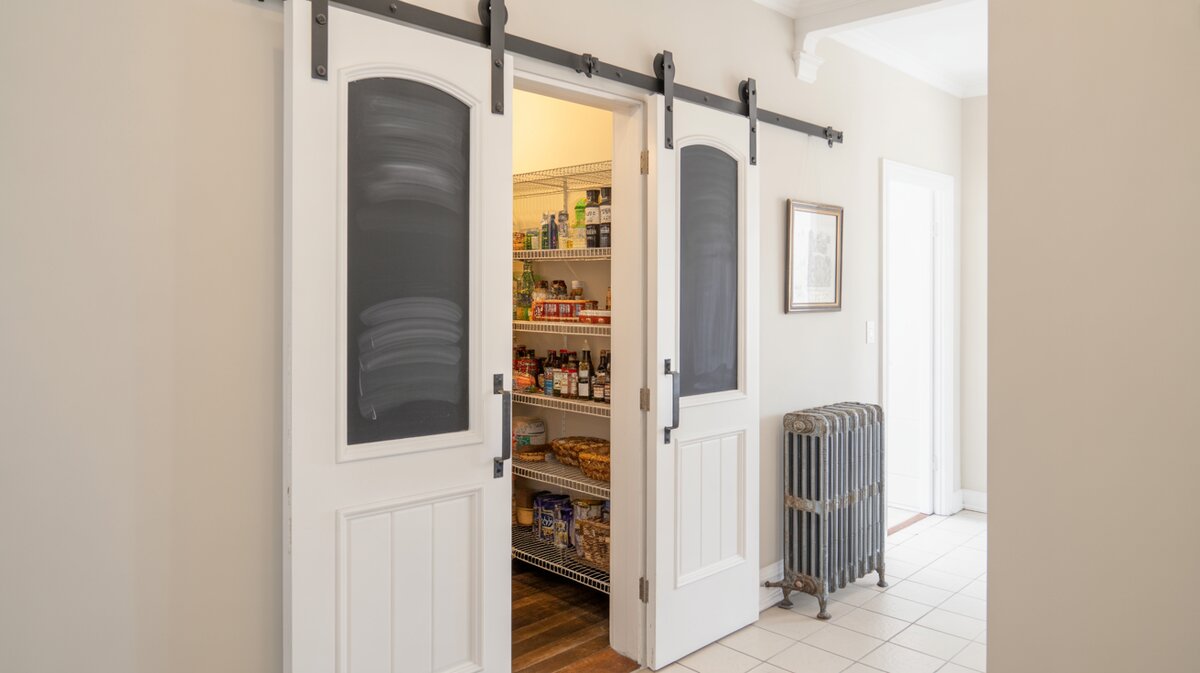 White hallway with chalkboard-painted barn door pantry entrance beside wire shelving and radiator