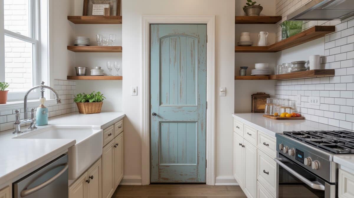 White farmhouse kitchen with distressed teal painted pantry door beside open wood floating shelves