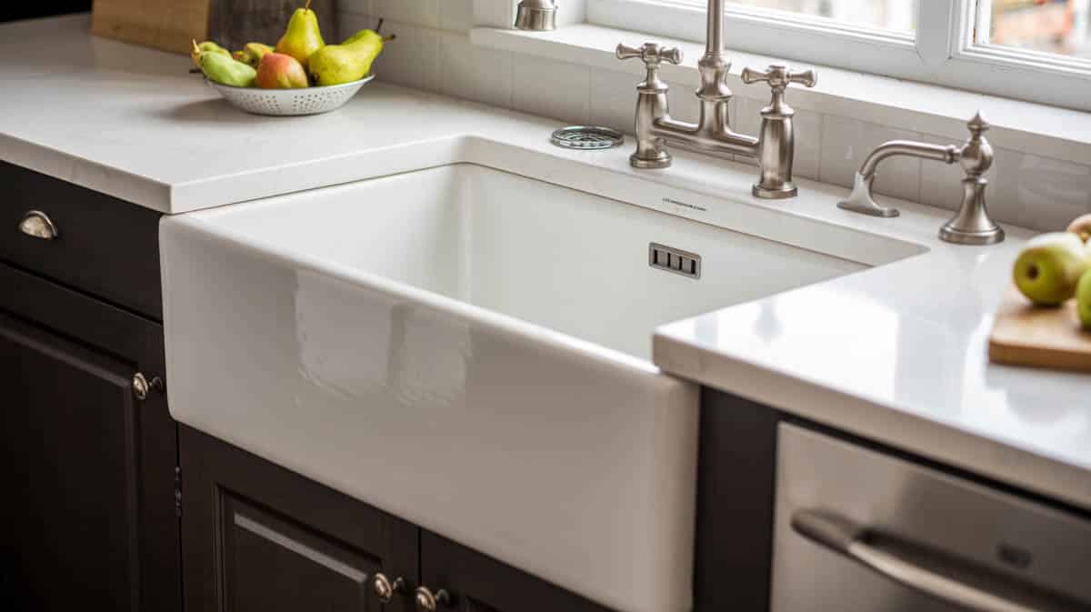 White fireclay apron sink with a brushed nickel bridge faucet set into white quartz countertop