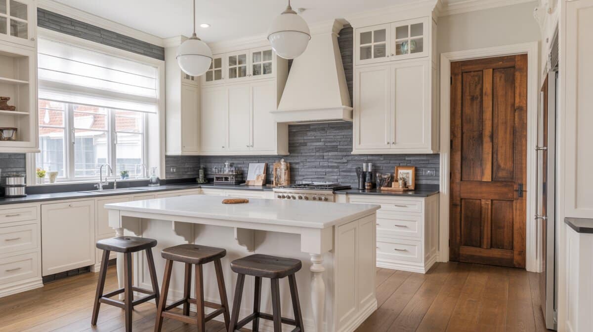 White kitchen with antique reclaimed wood pantry door against a dark tile backsplash