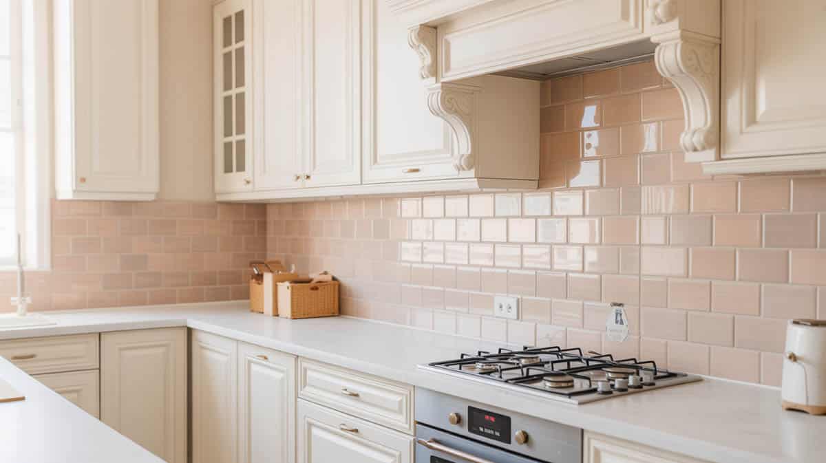 White shaker cabinet kitchen with beige ceramic backsplash tiles above the countertop