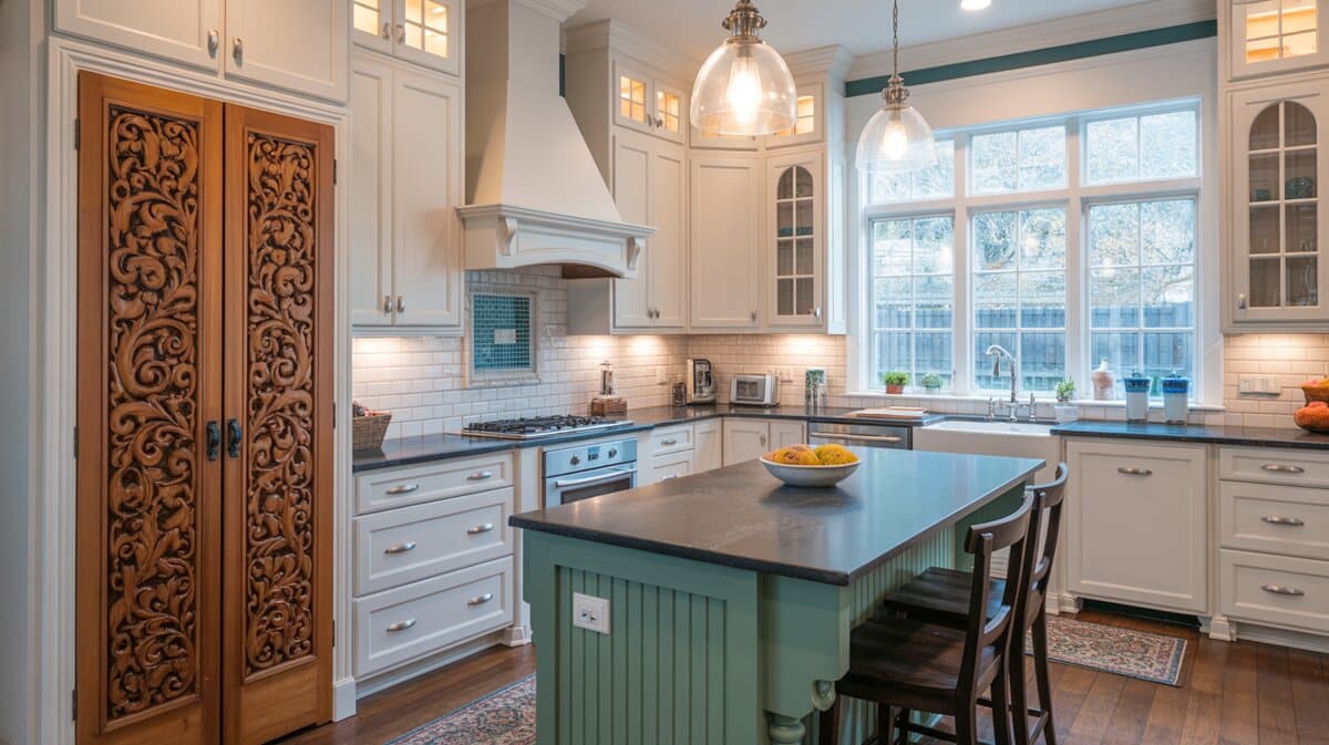 White kitchen with carved ornate wood pantry door and dark granite countertops
