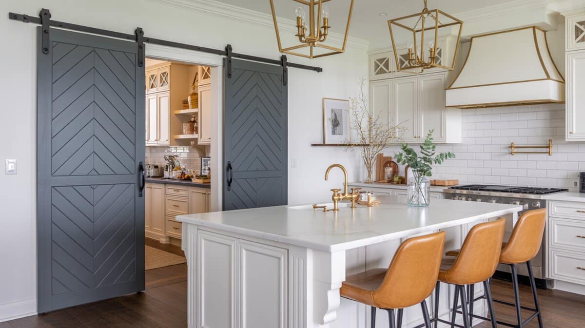 White kitchen with double gray chevron-pattern sliding barn doors and gold pendant chandeliers