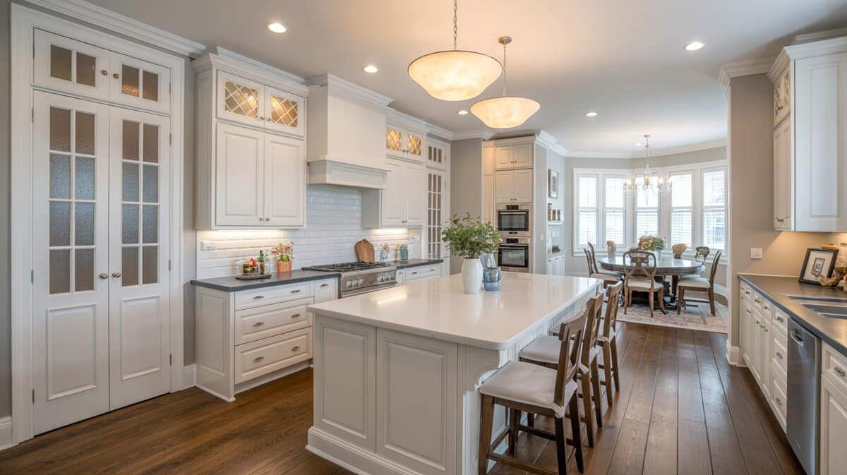 White kitchen with French-style glass panel pantry door open to dining room view