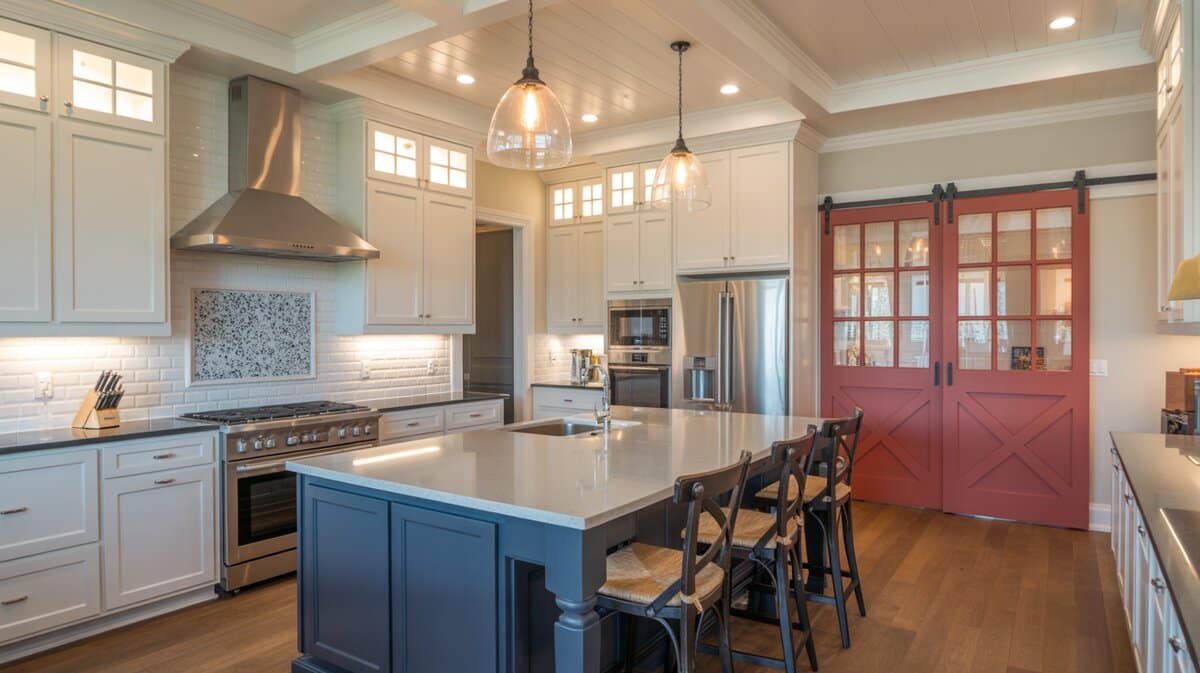 White kitchen with navy blue island and bold red sliding barn door pantry