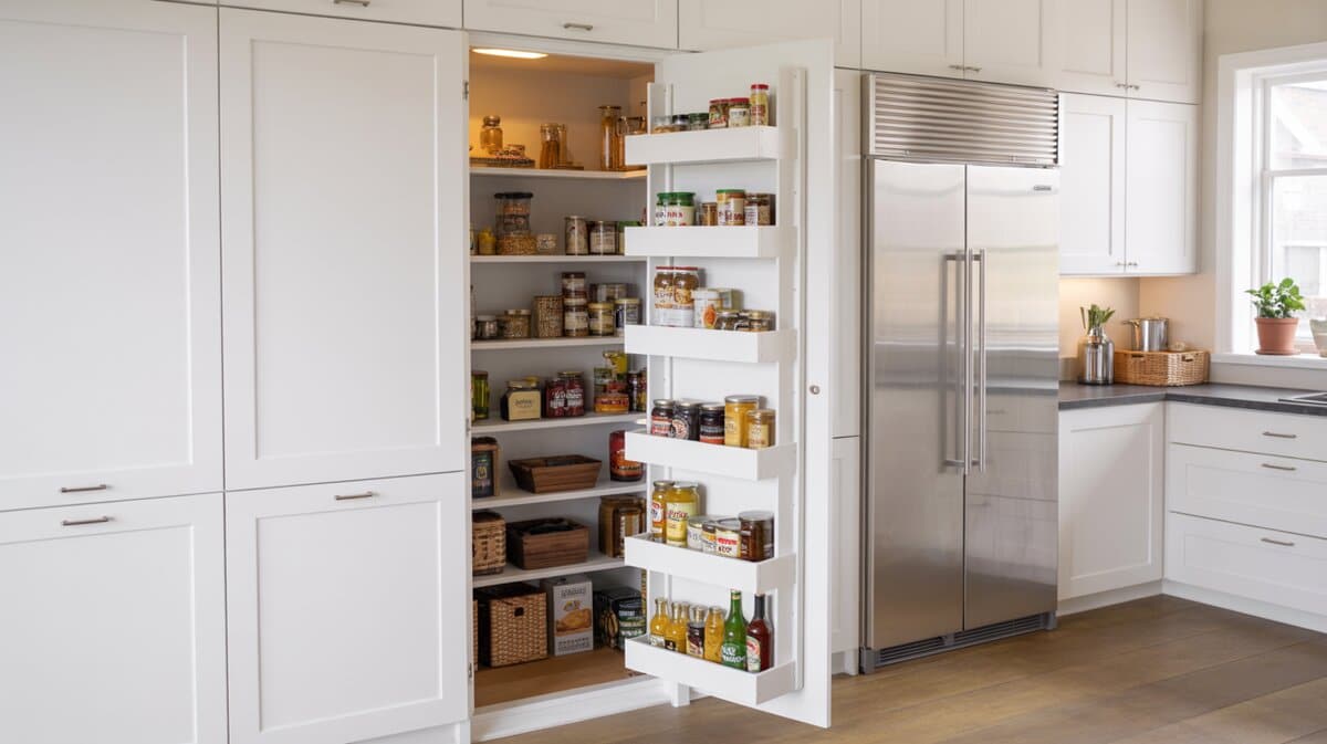 White kitchen pantry cabinet door open revealing door-mounted organizer shelves full of glass jars and canned goods