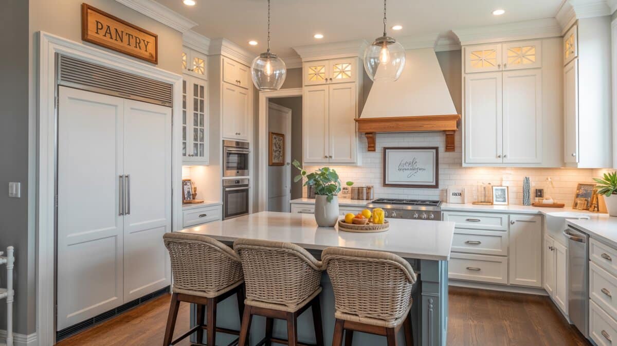 White kitchen with wooden PANTRY sign mounted above the pantry door, wicker barstools and globe pendant lights