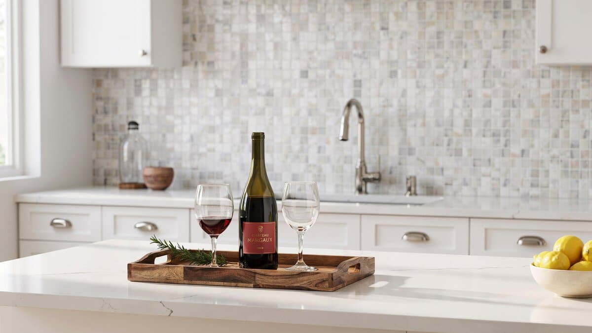 Wood wine tray with bottle and glasses in white kitchen with mosaic backsplash