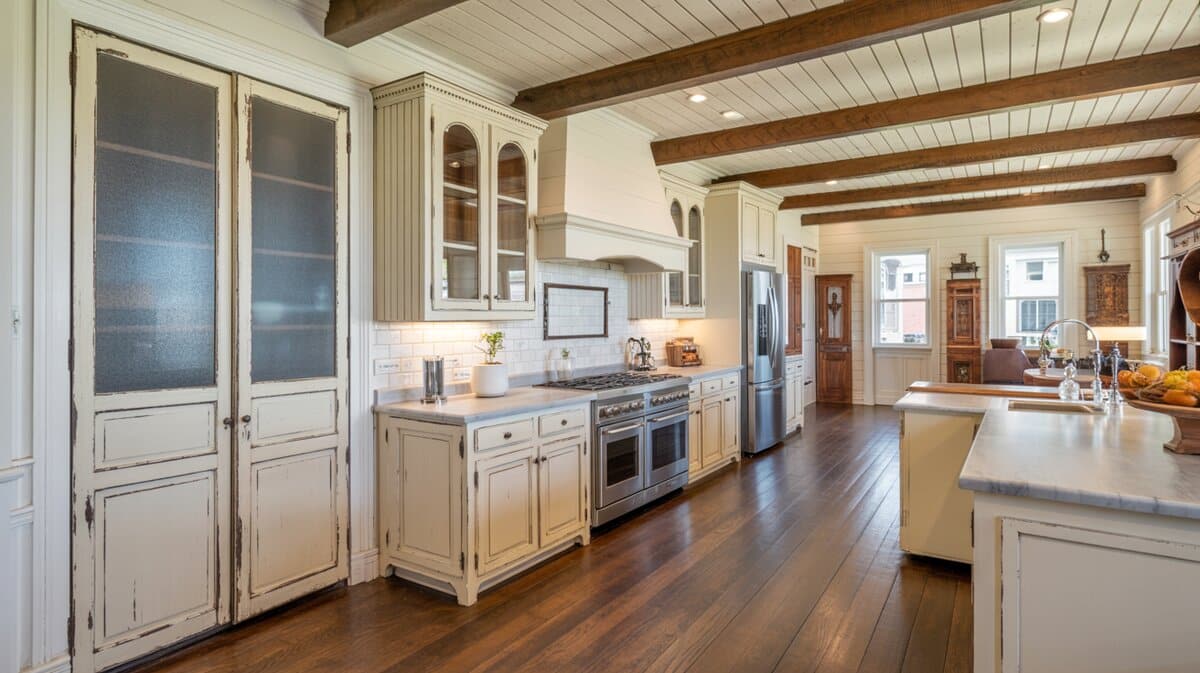 Open farmhouse kitchen with distressed antique double glass pantry doors and exposed ceiling beams