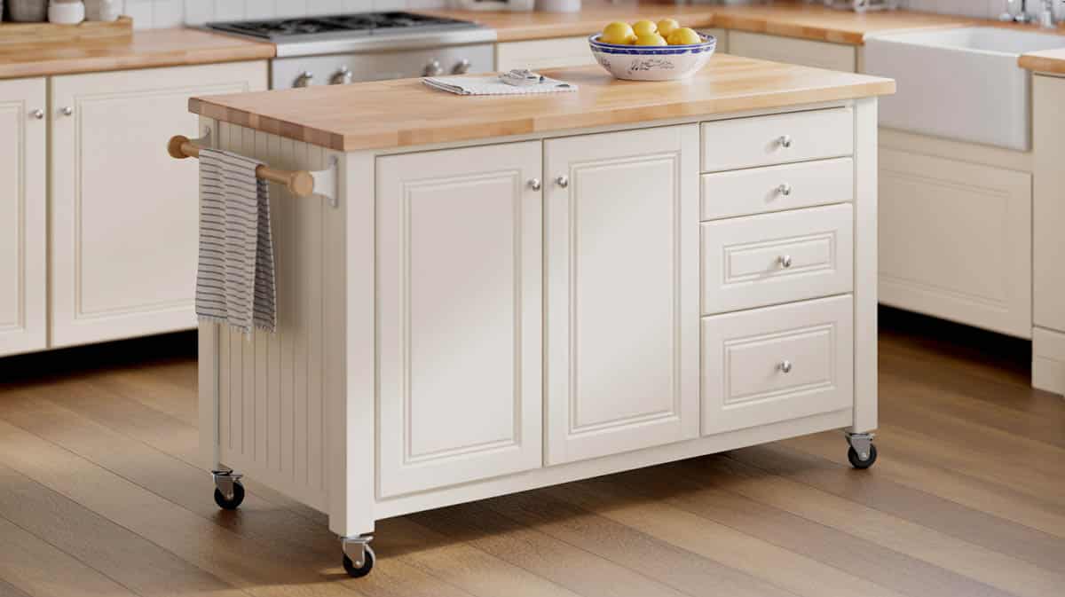 Freestanding white kitchen island cart on casters with a maple butcher block top and side drawers