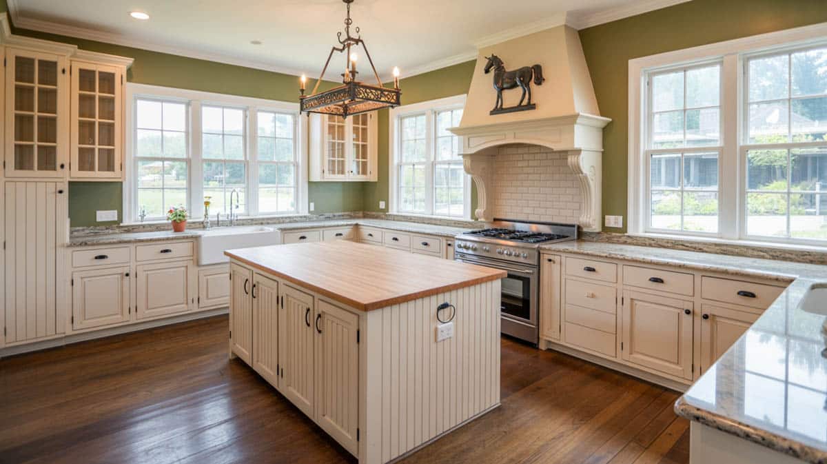 White beadboard shaker cabinets with an ornate hood topped by a horse figurine and butcher block island