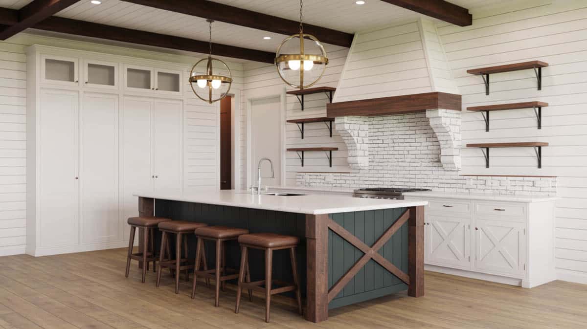 White shiplap kitchen with a dark teal X-trestle island, wood barstools, and brass globe pendants