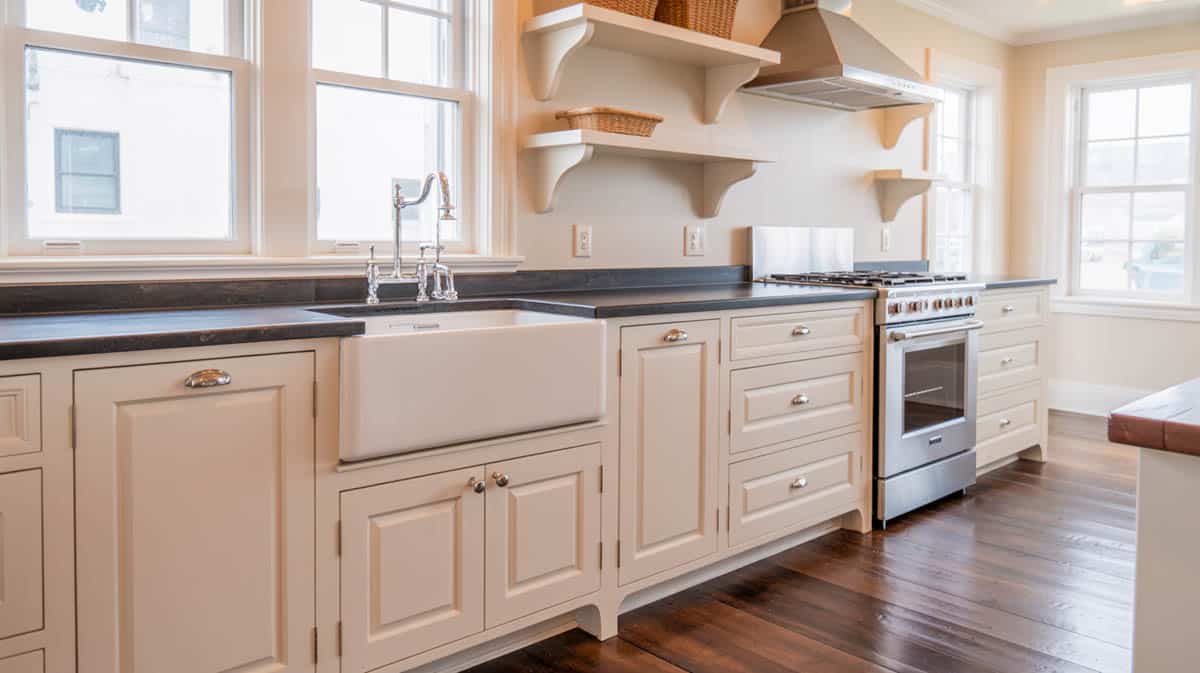 White shaker cabinets with an apron sink, black countertops, and floating open shelves above