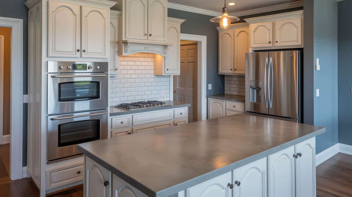White shaker galley kitchen with smooth gray concrete countertops running the full length on both sides