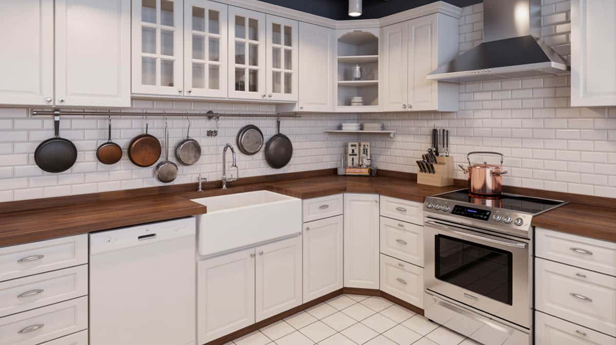 Shaker kitchen with glass-front uppers, butcher block countertops, an apron sink, and hanging copper pans