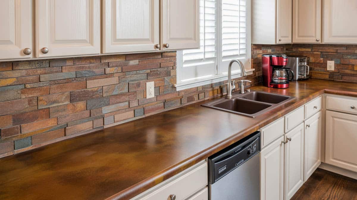 White apron farmhouse sink set in gray concrete countertop with open shelves and globe pendants