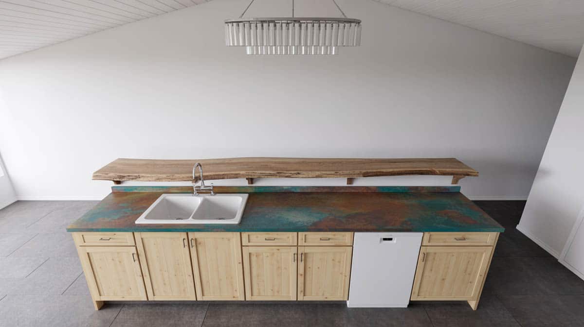 Stained gray concrete island with industrial cage pendant lights and metal barstools