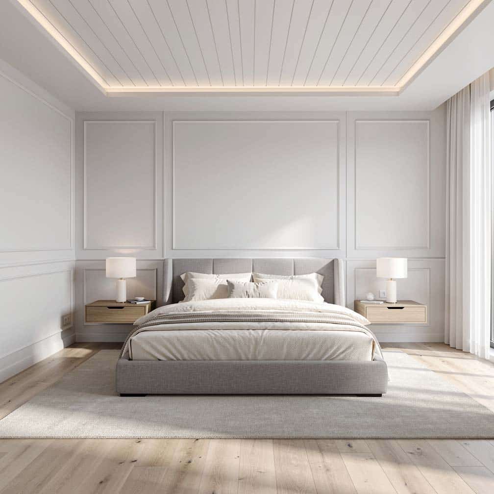 Master bedroom with painted white wood plank ceiling and geometric wainscoting.