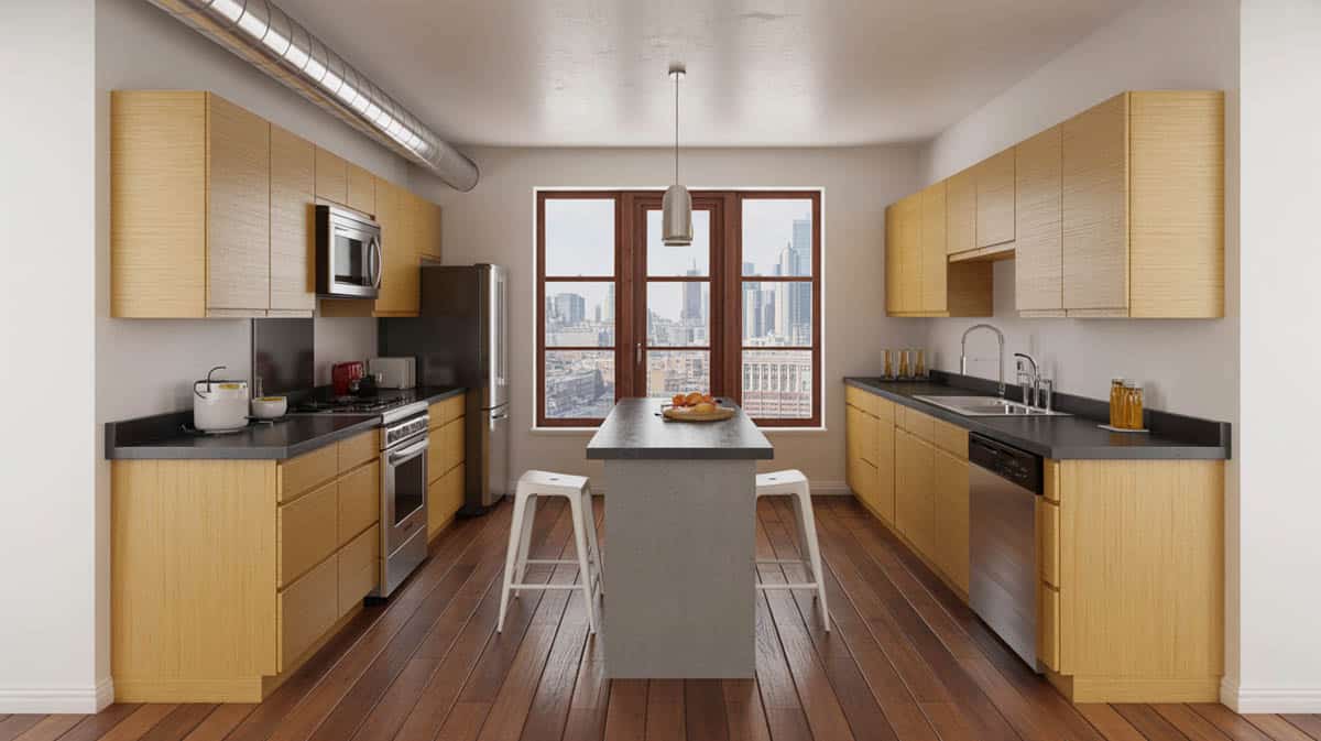 Gray concrete island countertop with whitewash wood base, built-in gas cooktop and globe pendants