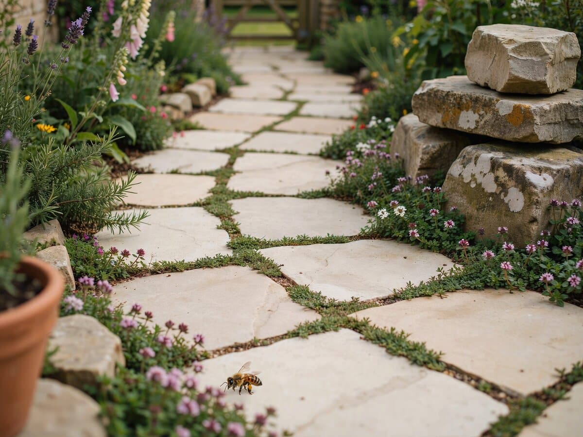 Wide cream flagstone patio with creeping thyme ground cover and pink flowers among boulders