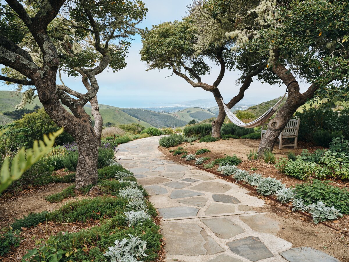 Wide flagstone walkway through an oak woodland garden with a hammock between trees and scenic views