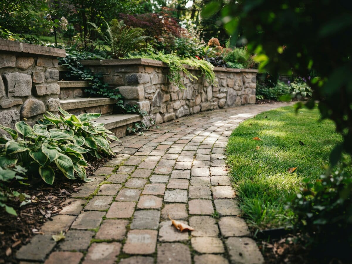 Winding cobblestone brick path edging a bright green lawn with a stone retaining wall and hostas