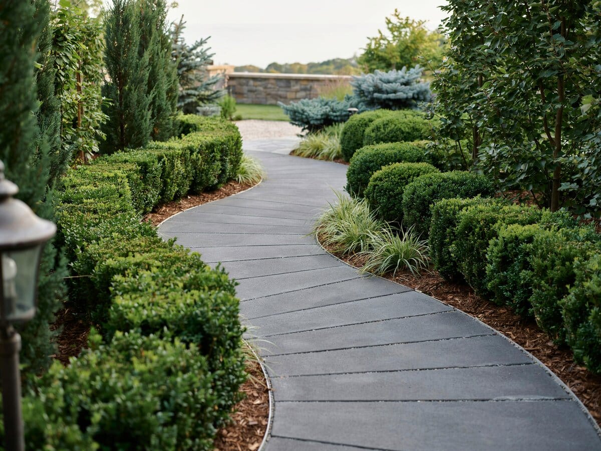Winding dark gray paver walkway with curved fan pattern through a manicured evergreen garden