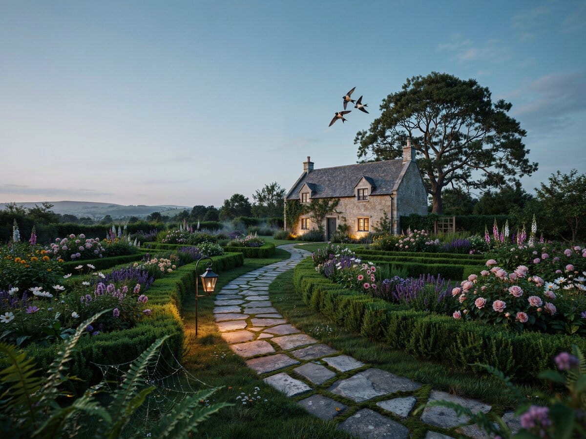 Winding stone path through a landscaped garden leading to a charming stone cottage at dusk