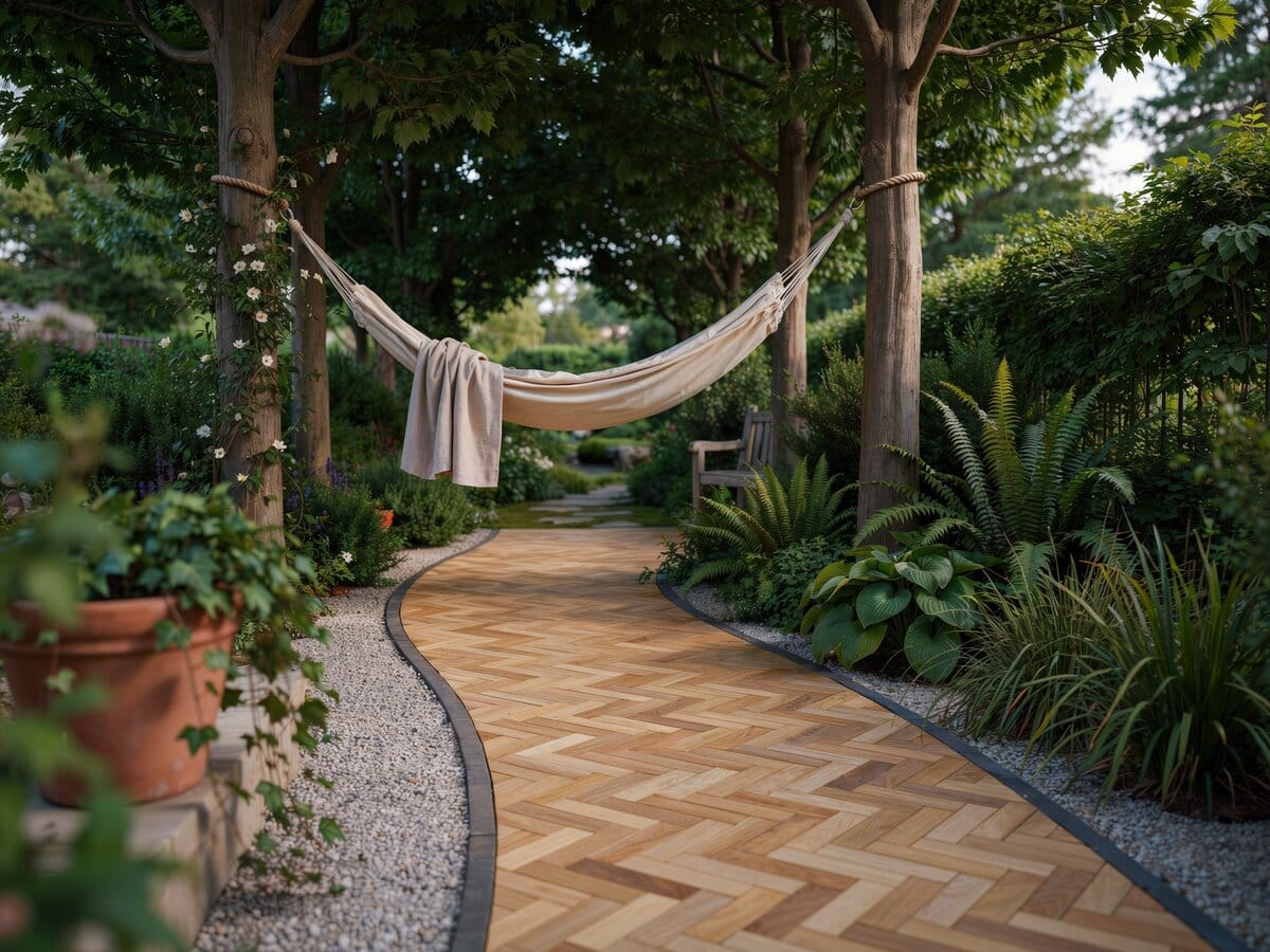 Wood decking parquet tile walkway through a shaded garden retreat with a hammock and gravel