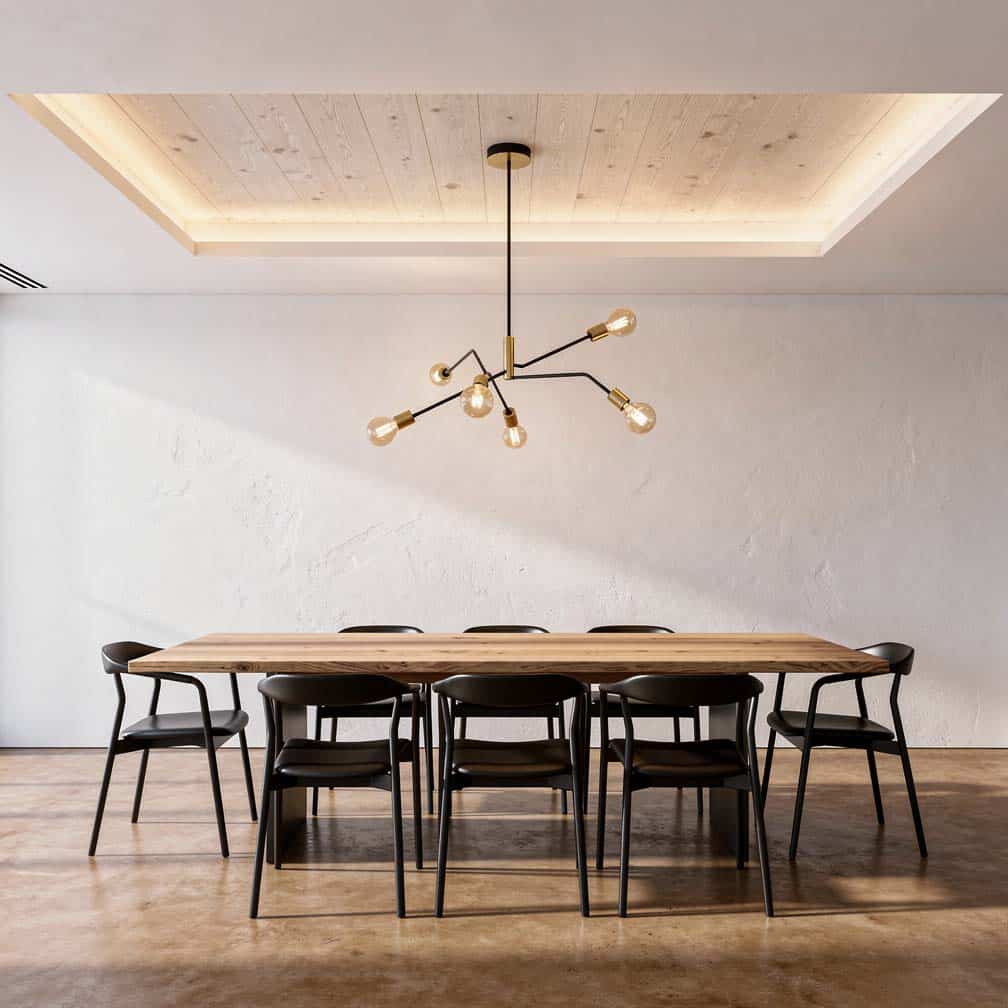 Dining room with wood planks above a dining table with a custom art fixture.